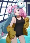  1girl 3miril alternate_costume black_one-piece_swimsuit breasts commentary_request cowboy_shot green_hair grin head_tilt highres indoors iono_(pokemon) jacket long_hair multicolored_hair off_shoulder one-piece_swimsuit pink_eyes pink_hair pokemon pokemon_(game) pokemon_sv pool rei_no_pool school_swimsuit sharp_teeth smile solo standing swimsuit teeth track_jacket twintails two-tone_hair water window yellow_jacket 