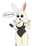  anthro areola areola_slip ay03 beastars big_breasts black_eyes breast_expansion breasts bulging_breasts cleavage cleavage_overflow clothed clothing expansion female fur haru_(beastars) hi_res lagomorph leporid mammal one-piece_swimsuit phone rabbit shocked simple_background speech_bubble swimwear text white_body white_fur 