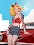  1girl aged_up animification arm_tattoo artist_name bare_arms bebe_stevens blonde_hair blue_eyes blue_sky bra car cigarette earrings jewelry kibstar lipstick makeup motor_vehicle nail_polish ponytail red_bra red_car red_lips red_nails shorts sky smoking solo south_park tattoo underwear 