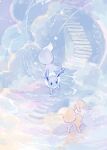  alternate_color animal_focus blue_eyes brick brick_wall cloud commentary_request ears_back eevee facing_away fantasy fox_tail highres looking_at_another no_humans on_cloud pokemon pokemon_(creature) shiny_pokemon sky stairs standing standing_on_liquid star_(sky) star_(symbol) tail water yurano_(upao) 