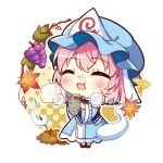  1girl blue_headwear blue_kimono blush chibi closed_eyes eating food fruit full_body ginkgo_leaf grapes hair_between_eyes hat holding holding_food japanese_clothes kapuchii kimono leaf long_sleeves maple_leaf mob_cap open_mouth pink_hair saigyouji_yuyuko short_hair smile solo sweet_potato touhou triangular_headpiece wide_sleeves 