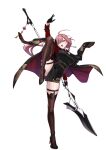  1girl black_coat black_footwear black_gloves black_thighhighs breasts ciel_(counter:side) coat counter:side full_body gloves grey_eyes holding holding_weapon leg_lift looking_at_viewer official_art pink_hair polearm solo spear tachi-e thighhighs transparent_background weapon 