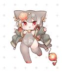  1girl :d animal_ears bare_shoulders bell blush cat_ears cat_girl cat_tail chibi commentary_request ear_piercing floral_print full_body gradient_hair grey_hair grey_jacket grey_leotard grey_pantyhose grey_thighhighs hair_ornament highres jacket jingle_bell kinakomoti leotard long_sleeves looking_at_viewer multicolored_hair neck_bell open_clothes open_jacket original pantyhose piercing print_leotard puffy_long_sleeves puffy_sleeves red_eyes red_footwear shoes simple_background single_leg_pantyhose single_thighhigh sleeves_past_wrists smile solo standing standing_on_one_leg tail thighhighs white_background white_hair 