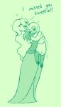  bella_(screwroot) blush blush_lines dialogue dill_(screwroot) duo elemental_creature elemental_humanoid embrace english_text female flora_fauna green_background happy hug humanoid male male/female plant plant_humanoid screwroot simple_background size_difference sketch text 