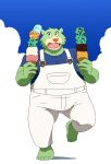  2023 absurd_res anthro bear bodily_fluids clothing cloud dessert food green_body hi_res humanoid_hands ice_cream kemono kmhr_889012 male mammal overalls overweight overweight_male shirt solo sweat topwear walking 
