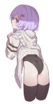  1girl a.i._voice ass black_leotard black_thighhighs blush book cardigan commentary_request cropped_legs expressionless grey_cardigan hair_ornament hairclip highres holding holding_book hooded_cardigan leotard looking_at_viewer looking_back open_cardigan open_clothes purple_eyes purple_hair simple_background solo thighhighs voiceroid white_background yamamomo_(plank) yuzuki_yukari yuzuki_yukari_(shizuku) 