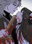  1boy 1girl black_hair black_nails blood blood_in_hair blood_on_clothes blood_on_face blood_on_hands blood_on_weapon broken broken_sword broken_weapon brown_hair butterfly_hair_ornament closed_mouth colored_tips demon_slayer_uniform douma_(kimetsu_no_yaiba) eye_contact fang fingernails flat_color folded_fan folding_fan from_side grey_hair hair_ornament hand_fan haori highres holding holding_fan holding_sword holding_weapon japanese_clothes katana kimetsu_no_yaiba kimono kochou_kanae long_hair long_sleeves looking_at_another medium_hair multicolored_eyes multicolored_hair parted_lips profile purple_eyes sainn1129 sharp_fingernails shirt simple_background sword text_in_eyes tight tight_shirt turtleneck twitter_username undershirt upper_body weapon white_background 