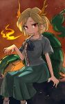  1girl absurdres blonde_hair blue_shirt blush closed_mouth collarbone commission dragon_horns dragon_tail feet_out_of_frame fire green_skirt highres horns kicchou_yachie looking_at_viewer red_eyes shirt short_hair sitting skeb_commission skirt socks solo tail touhou turtle_shell uisu_(noguchipint) white_socks yellow_horns 