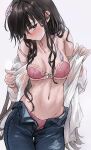  1girl black_hair blush bra breasts breasts_apart denim groin highres jeans linea_alba long_hair looking_at_viewer medium_breasts mole mole_on_breast navel open_clothes open_pants open_shirt original panties pants pink_bra pink_panties profile purple_eyes saya_(mychristian2) shirt_hold sideways_glance simple_background solo stomach sweat underwear very_long_hair white_background 
