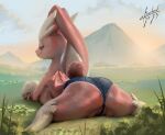  absurd_res anthro big_breasts big_butt blulesnsfw bottomwear breasts brown_body brown_fur butt camel_toe clothed clothing cutoffs dark_eyes denim denim_clothing female field fur generation_4_pokemon hi_res long_ears looking_back lopunny lying mountain nintendo on_front outside pokemon pokemon_(species) red_eyes shorts smile smiling_at_viewer smirk smirking_at_viewer solo spread_legs spreading thick_thighs tight_bottomwear tight_clothing tight_shorts topless topless_female white_body white_fur 