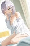  1girl blush breasts cleavage eguchi_kanade green_eyes grey_hair highres hololive large_breasts looking_at_viewer naked_shirt one_eye_closed open_mouth shirogane_noel shirt short_hair smile solo virtual_youtuber white_shirt 