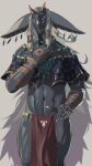  anthro biped blue_eyes clothed clothing front_view grey_background grey_body hair hi_res male navel niku405 nintendo rauru_(tears_of_the_kingdom) simple_background solo tears_of_the_kingdom the_legend_of_zelda white_hair zonai 