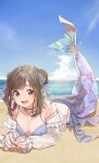  1girl bare_shoulders beach blue_sky breasts brown_hair cleavage day double_bun hair_bun highres idolmaster idolmaster_shiny_colors jewelry large_breasts long_hair looking_at_viewer lying mermaid monster_girl necklace ocean off_shoulder on_stomach outdoors pearl_necklace pekoni_(peconi) pink_eyes sky solo swept_bangs tsukioka_kogane wet yellow_nails 
