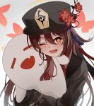  1girl ;d black_coat black_headwear boo_tao_(genshin_impact) brown_hair bureoeve coat commentary_request flower flower-shaped_pupils genshin_impact ghost hair_between_eyes hat hat_flower hat_tassel highres hu_tao_(genshin_impact) hug long_hair long_sleeves looking_at_viewer one_eye_closed orange_eyes red_flower simple_background smile solo symbol-shaped_pupils upper_body white_background 