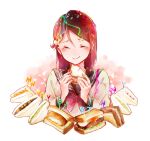  1girl birthday bow bowtie commentary_request confetti eating food grey_sailor_collar happy_birthday holding holding_food long_hair love_live! love_live!_sunshine!! pearl_hair_ornament red_bow red_bowtie red_hair sailor_collar sakurauchi_riko sandwich school_uniform shirt smile toto_(sa-dosama) uranohoshi_school_uniform white_background white_shirt 