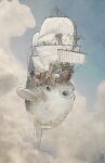  4others animal-themed_vehicle artist_name bird black_pants cloud cloudy_sky commentary dated english_commentary fish flag flying gregory_fromenteau highres jacket multiple_others orange_jacket original pants puffer_fish sailing_ship sky 