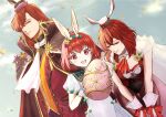  1boy 2girls animal_ears black_cloak breasts brother_and_sister cleavage cloak dress egg fake_animal_ears family fire_emblem fire_emblem:_mystery_of_the_emblem fire_emblem_heroes gloves hat holding holding_egg leaning leotard looking_at_another lowered_eyelids mini_hat multiple_girls neckerchief official_alternate_costume open_mouth pantyhose rabbit red_hair red_ribbon ribbon see-through_cape short_hair siblings sisters small_breasts smile white_dress white_gloves yori_ilrosso 