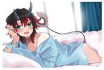  1girl alternate_costume black_hair blue_eyes blue_shirt blush commentary_request curtains demon_girl demon_horns demon_tail feet_out_of_frame highres horns indoors jewelry long_sleeves looking_at_viewer lying multicolored_hair multiple_rings nanashi_inc. on_bed on_stomach open_mouth red_hair ring ryugasaki_rene shirt short_hair single_bare_shoulder smile solo tail two-tone_hair virtual_youtuber zono_(inokura_syuzo029) 