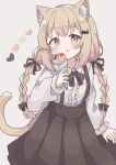  1girl absurdres animal_ear_fluff animal_ears black_ribbon blonde_hair blush braid brown_eyes cat_ears cat_tail collared_shirt colon_br cowboy_shot cream cream_on_face crepe dot_nose food food_on_face fruit hair_ornament hair_ribbon hairclip heart highres licking_lips long_sleeves looking_at_viewer original pleated_skirt ribbon shirt sidelocks simple_background skirt solo strawberry suspender_skirt suspenders tail tongue tongue_out twin_braids white_background white_shirt 
