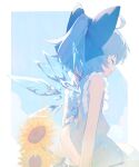  1girl ahoge alternate_costume artist_name blue_bow blue_hair bow cirno cirno_day closed_eyes closed_mouth detached_wings dress fairy flower hair_bow highres ice ice_wings short_hair signature siyumu solo sunflower touhou upper_body white_dress wings yellow_flower 