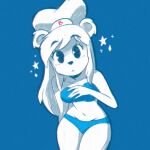  5_fingers anthro bear bikini bimbo_(bakery) bimbo_bear black_nose breasts chef_hat clothed clothing female fingers fur hair hat headgear headwear hi_res julian_van_bores long_hair mammal navel polar_bear solo sparkles star swimwear toony_eyes ursine white_body white_fur white_hair 