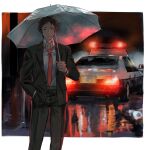  1boy adachi_tooru belt black_eyes black_hair black_jacket black_pants border brown_belt business_suit car closed_mouth collared_shirt commentary_request feet_out_of_frame glowing hand_in_pocket highres holding holding_umbrella ido_(nothing679) jacket long_sleeves looking_at_viewer male_focus motor_vehicle necktie night pants persona persona_4 police_car puddle rain red_necktie reflection reflective_water shirt short_hair solo standing suit transparent transparent_umbrella umbrella white_border white_shirt 