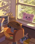  against_glass blue_eyes blush_stickers brown_headwear chair dappled_sunlight desk evening hat highres kirby kirby_(series) looking_inside miclot no_humans open_mouth paint_can paintbrush pink_footwear scroll shoes sitting sunlight waddle_dee window 