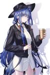  1girl 3_small_spiders absurdres arknights astesia_(arknights) black_collar black_headwear black_jacket blue_eyes blue_hair braid closed_mouth coffee_cup collar cup disposable_cup dress feet_out_of_frame headphones headphones_around_neck highres holding holding_cup jacket light_smile long_hair long_sleeves looking_at_viewer shadow solo standing very_long_hair white_background white_dress 