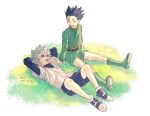  2boys black_hair blue_eyes closed_eyes dated full_body gon_freecss green_footwear green_jacket green_shorts highres hunter_x_hunter jacket killua_zoldyck layered_sleeves long_sleeves looking_at_another lying male_child male_focus multiple_boys on_back on_grass shirt short_hair short_over_long_sleeves short_sleeves shorts simple_background sitting smile spiked_hair white_background white_hair white_shirt yanxy114 