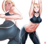  1girl abs arms_up ass black_choker black_pants black_sports_bra blonde_hair blue_eyes breasts cameltoe cammy_stretch_(meme) cammy_white choker commentary english_commentary finalcake medium_breasts medium_hair meme multiple_views navel one_eye_closed pants scar scar_on_cheek scar_on_face signature sports_bra street_fighter street_fighter_6 stretching tight_clothes tight_pants toned yoga_pants 