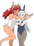  2girls absurdres animal_ears bare_legs be_go_ichi black_leotard blush breasts cleavage covered_navel crossed_arms detached_collar fake_animal_ears fake_tail grey_hair gundam gundam_suisei_no_majo happy highres hug leotard miorine_rembran multiple_girls open_mouth panties playboy_bunny rabbit_ears rabbit_tail red_hair smile strapless strapless_leotard suletta_mercury tail thick_eyebrows thighs underwear wrist_cuffs yuri 