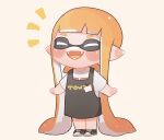  1girl :d ^_^ aged_down apron bangs black_apron black_footwear blunt_bangs blush blush_stickers child closed_eyes colored_tongue commentary_request fangs female_child full_body highres iguana152588 inkling inkling_girl long_hair name_tag notice_lines open_mouth orange_hair orange_tongue pointy_ears shirt shoes short_eyebrows short_sleeves sidelocks simple_background smile sneakers solo splatoon_(series) splatoon_2 standing t-shirt teeth tentacle_hair very_long_hair white_background white_shirt 