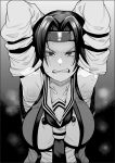  1girl absurdres armpits arms_behind_head arms_up breasts clenched_teeth commission detached_sleeves forehead_protector greyscale hair_intakes highres jintsuu_(kancolle) jintsuu_kai_ni_(kancolle) kantai_collection large_breasts long_hair looking_at_viewer monochrome neckerchief pureone000 sailor_collar school_uniform serafuku skeb_commission sweat teeth upper_body 