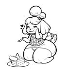  &lt;3 1:1 2023 animal_crossing anthro biped blush box_(hajimeyou654) cake canid canine canis clothed clothing cutlery dessert digital_drawing_(artwork) digital_media_(artwork) domestic_dog female food fork hair isabelle_(animal_crossing) kitchen_utensils kneeling mammal monochrome nintendo shih_tzu simple_background solo tail tail_motion tailwag thick_thighs tools toy_dog wide_hips 