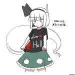  1girl black_hairband black_shirt closed_mouth clothes_pull clothes_writing commentary cosplay frilled_skirt frills green_eyes green_skirt hairband hecatia_lapislazuli hecatia_lapislazuli_(cosplay) highres hoshii_1213 konpaku_youmu pulled_by_self shirt shirt_pull short_hair skirt solo sweatdrop t-shirt touhou white_hair 