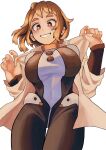  1girl blush boku_no_hero_academia breasts brown_eyes brown_hair concentratedmdk groin highres jacket jacket_partially_removed large_breasts looking_at_viewer looking_down open_clothes open_jacket short_hair simple_background skin_tight smile solo teeth tight_clothes uraraka_ochako white_background 