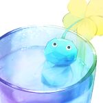  black_eyes blue_skin bubble colored_skin commentary_request cup floating flower glass ice ice_pikmin in_container in_cup looking_at_viewer lowres no_humans no_mouth partial_commentary pikmin_(creature) pikmin_(series) pikmin_4 rakusa submerged water white_background yellow_flower 