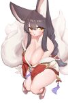  1girl absurdres ahri_(league_of_legends) animal_ears black_hair blush breasts cleavage facial_mark fox_ears fox_girl fox_tail highres huge_breasts kitsune league_of_legends long_hair off_shoulder simple_background tail whisker_markings yabby 