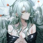  1girl bare_shoulders brown_eyes cigarette green_hair highres interlocked_fingers komenomoku long_hair mouth_hold off_shoulder original own_hands_together pin pinned profile sideways_glance smoke smoking solo upper_body 