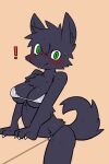  absurd_res anthro big_breasts bikini black_body black_fur blush bodily_fluids breasts canid canine canis clothing colored crossgender exclamation_point female fur green_eyes hi_res looking_at_viewer mammal nifram_logan pizademokttero simple_background solo sweat swimwear tagme wolf 