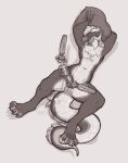  anthro artist_name balls erection front_view genitals hair hi_res horn lying male monochrome navel nude on_back open_mouth overstimulation pillow seraphictiger sex_toy short_hair simple_background solo tongue tongue_out vibrator wand_vibrator 