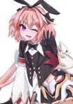  1boy animal_ears astolfo_(fate) astolfo_(saber)_(fate) black_bow black_gloves black_ribbon bow bowtie buttons fake_animal_ears fangs fate/grand_order fate_(series) gloves hair_bow hair_intakes hair_ribbon highres long_hair looking_at_viewer male_focus multicolored_hair one_eye_closed open_mouth otoko_no_ko pink_hair purple_eyes rabbit_ears ribbon skirt smile solo stomach streaked_hair twintails white_hair yu_sakae 