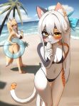  2girls absurdres animal_ears beach bikini black_bikini blonde_hair cat_ears cat_girl cat_tail eating food fox_ears fox_girl fox_tail furry furry_female highres holding holding_innertube ice_cream innertube jeifier_(korfiorano01) long_hair multiple_girls navel ocean original popsicle stomach swimsuit tail tongue tongue_out white_hair yellow_eyes 