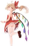  1girl absurdres ahoge ass blonde_hair breasts brown_footwear closed_mouth crystal dress flandre_scarlet foot_out_of_frame frilled_dress frills hair_between_eyes highres long_hair one_side_up panties red_dress red_eyes revision shoes simple_background small_breasts smile solo strapless strapless_dress touhou underwear wangyq white_background white_panties wings 