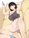  1girl black_hair breasts cleavage couch highres large_breasts long_hair motion_lines on_couch original panties pepper0 solo thighs underwear white_panties 