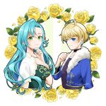  2girls absurdres ahoge aqua_hair black_choker blonde_hair blue_eyes blue_jacket blush breasts chloe_(fire_emblem) choker cleavage commentary_request cropped_torso dress fire_emblem fire_emblem_engage flower fur-trimmed_jacket fur_trim green_dress green_eyes highres jacket large_breasts long_hair looking_at_viewer merrin_(fire_emblem) midori_no_baku multiple_girls official_alternate_costume purple_shirt rose shirt smile upper_body very_long_hair yellow_flower yellow_rose 