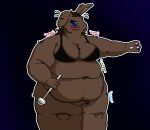  3_fingers anthro bananacasing11_(artist) belly_overhang blue_eyes blush blush_lines bra brown_body brown_fur clothing deep_navel ear_piercing ear_ring exhausted female fingers fupa fur fur_tuft hi_res kitchen_utensils lagomorph leporid mammal morbidly_obese morbidly_obese_female navel obese obese_female onomatopoeia outline overweight overweight_female paws piercing rabbit ring_piercing shaded simple_background simple_shading solo sound_effects text tired tools tuft underwear 