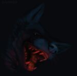  canid canine canis coyote creepy_smile davias00 digital_media_(artwork) fur headshot_portrait hi_res male mammal noise open_mouth portrait red_eyes simple_background smile solo tongue 
