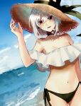  1girl accelerator_(toaru_majutsu_no_index) albino androgynous arm_at_side beach bikini black_bikini_bottom black_choker black_ribbon blue_sky blurry blurry_background choker collarbone contrapposto cowboy_shot dutch_angle flat_chest flower frilled_bikini_top genderswap genderswap_(mtf) hat hat_ribbon holding holding_clothes holding_hat lily_(flower) looking_to_the_side mismatched_bikini navel neck_flower off-shoulder_bikini off_shoulder open_mouth pale_skin pixie_cut red_eyes ribbon sand shadow short_hair side-tie_bikini_bottom sidelocks sky smile solo standing stomach straw_hat suzushina_yuriko swimsuit thighs toaru_majutsu_no_index uonomesabu water waves white_hair 