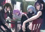  4girls absurdres arius_squad_(blue_archive) atsuko_(blue_archive) bandaged_neck bandages black_hair blue_archive blue_hair blush dark_blue_hair highres hiyori_(blue_archive) indoors kuro_shiraga light_blue_hair looking_at_viewer looking_back misaki_(blue_archive) multiple_girls own_hands_together pants pink_hair saori_(blue_archive) sitting smile torn_clothes torn_pants 